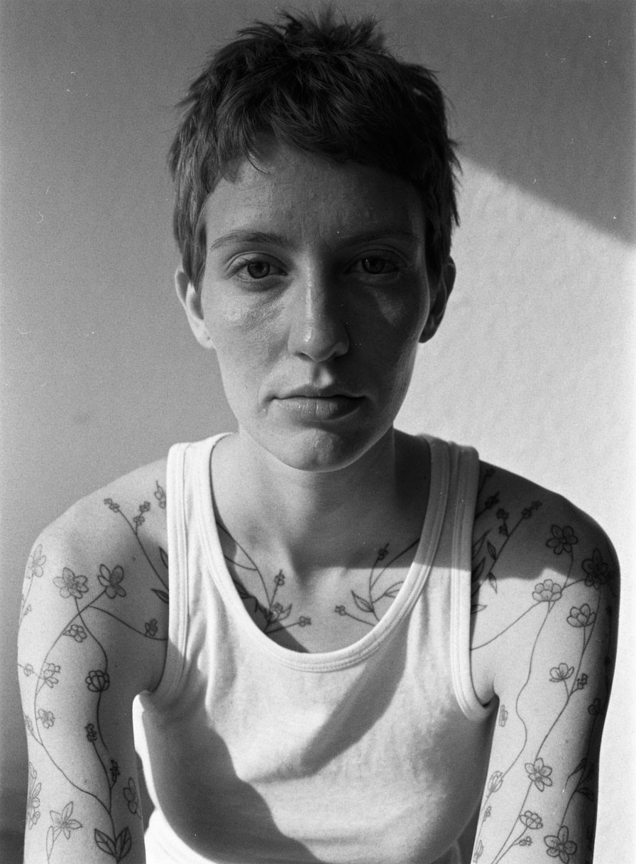 A woman in a white vest, fine-line flowers tattooed on both arms